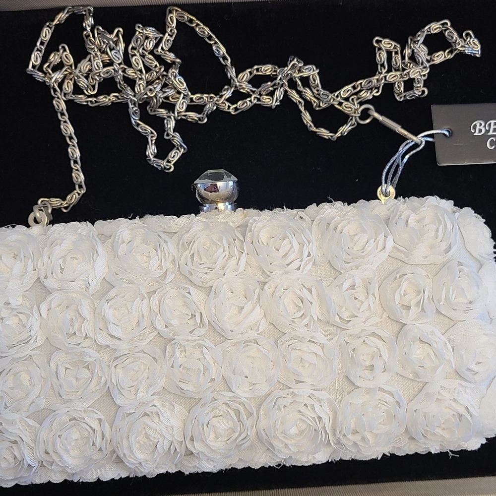 White Rosette Evening Bag with Faux Rhinestone Close